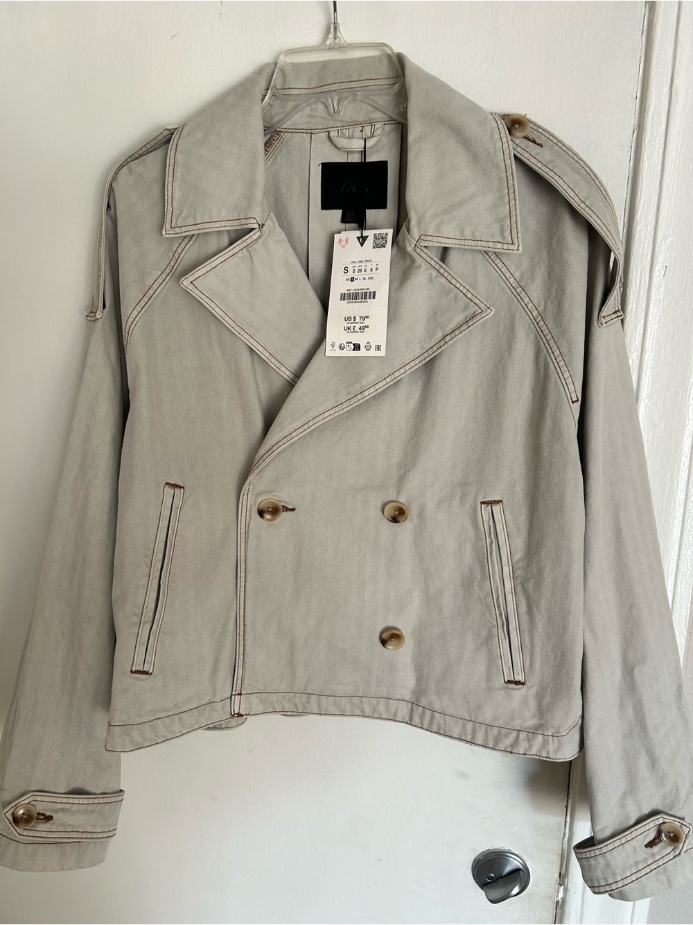 Women Double-Breasted Light Gray Jacket - Zara S